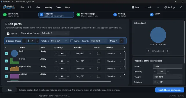 Editing several ticked parts at once with the bulk bar and the part properties panel