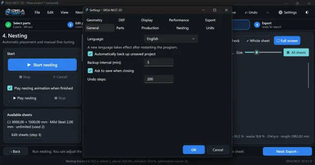 Settings window with language selection and default values for new parts